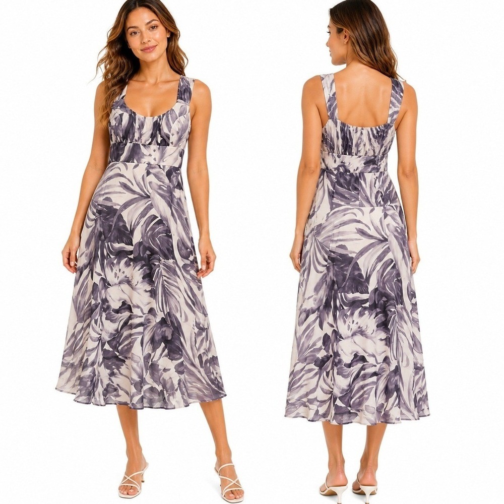 Womans Dress 8 Leaf Midi Purple Sleeveless A-Line Scoop Neck Square Back